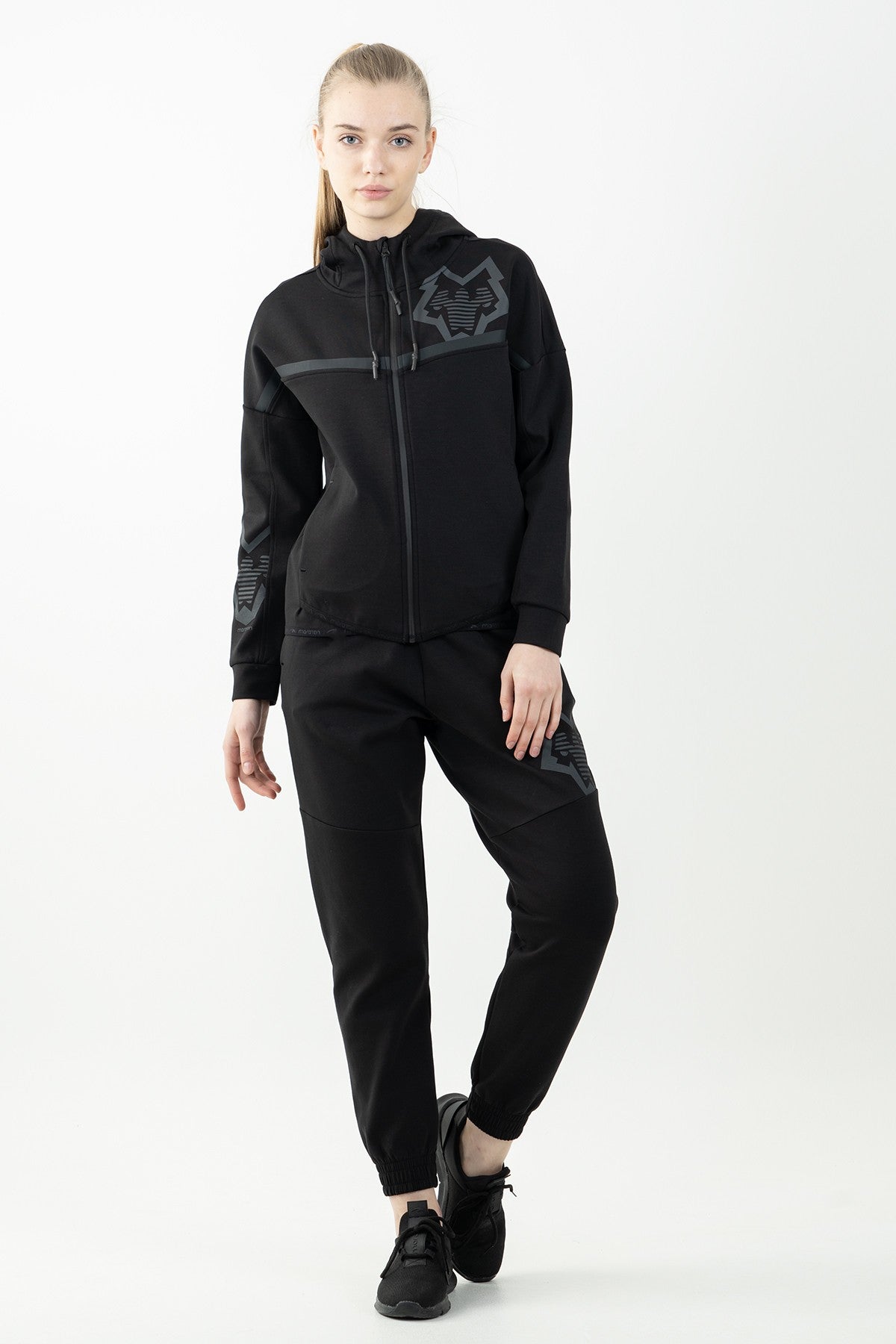 Regular Kadın Kapüşonlu Siyah Tracktop