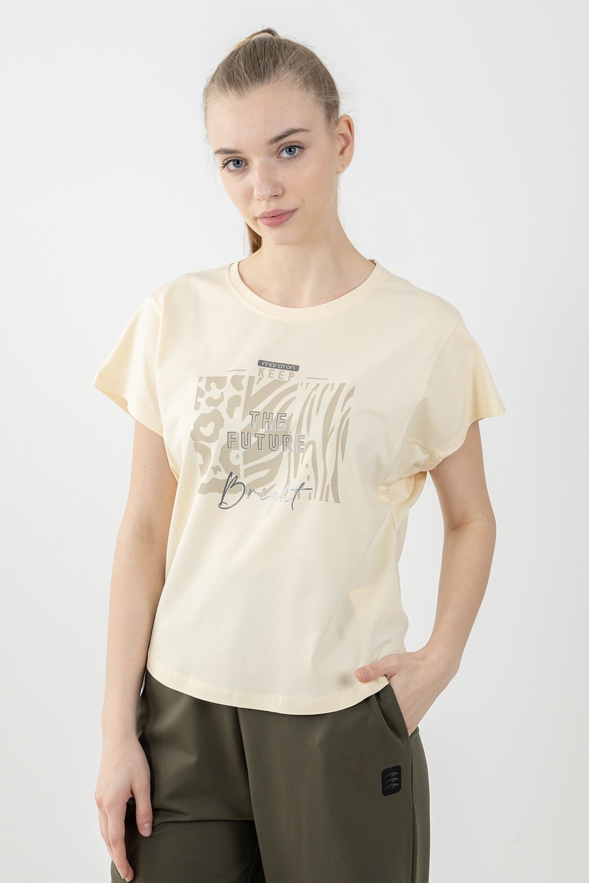 Regular Kadın Bisiklet Yaka Ekru T-shirt