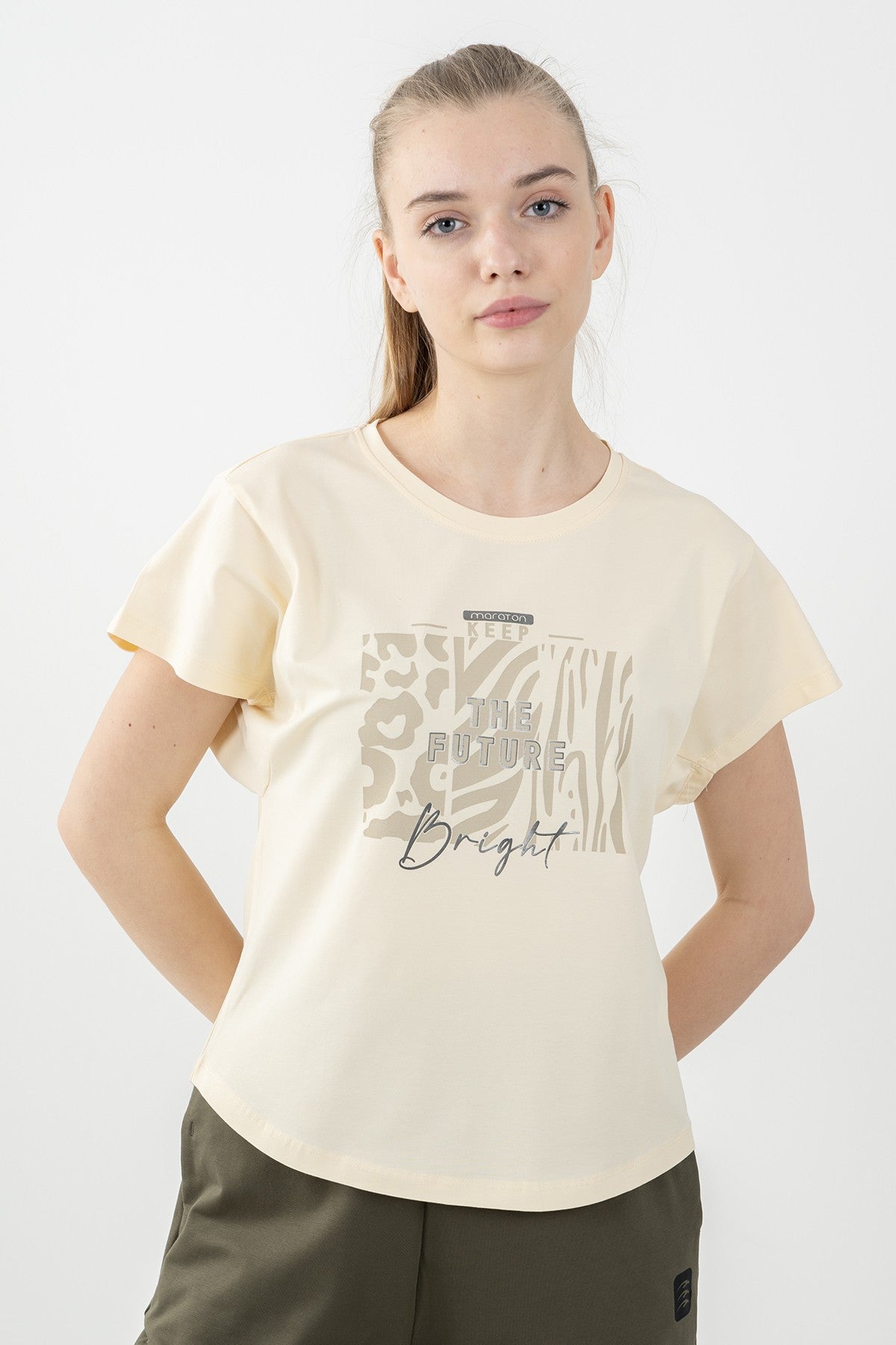 Regular Kadın Bisiklet Yaka Ekru T-shirt