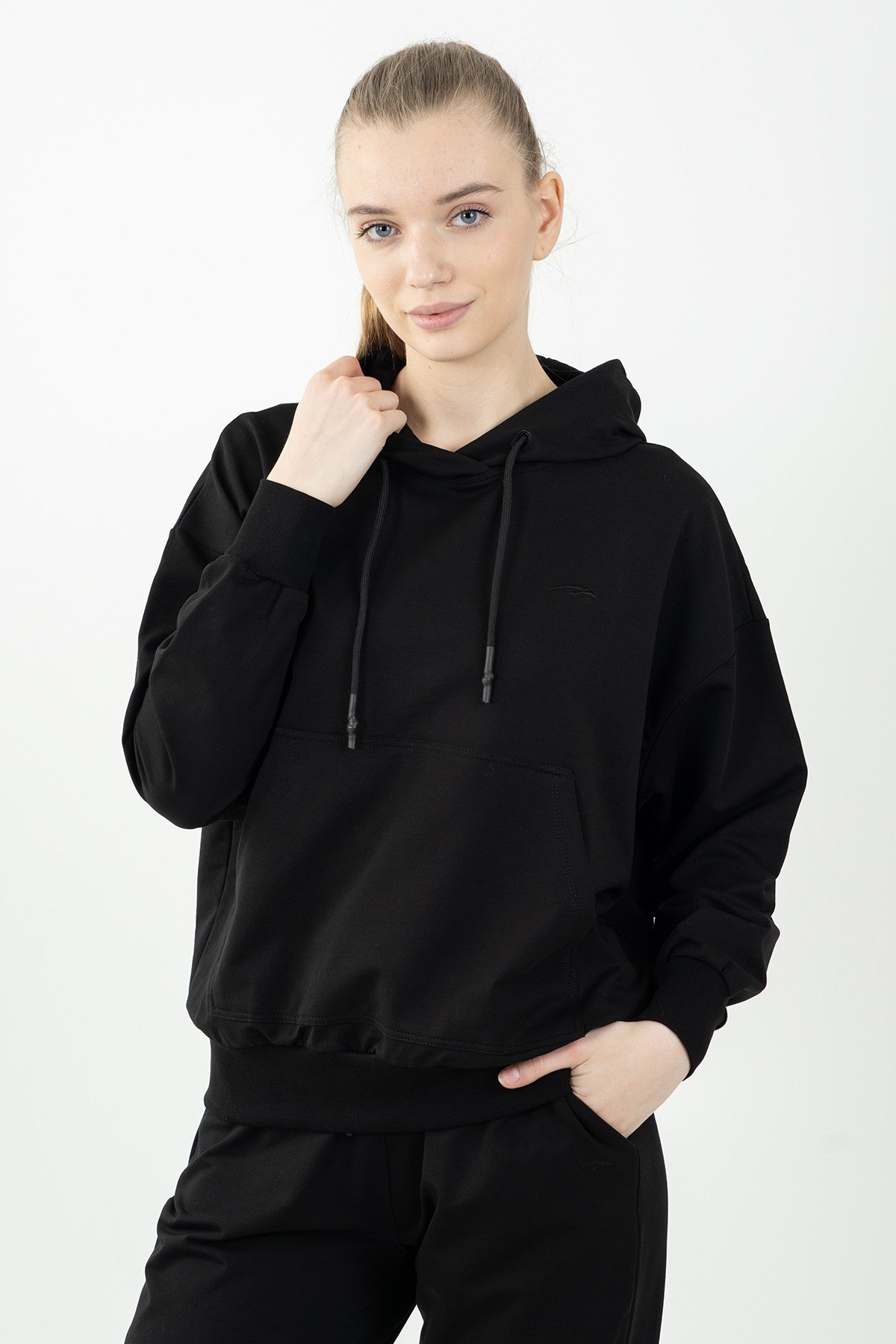 Oversize Kadın Kapüşonlu Siyah Sweatshirt