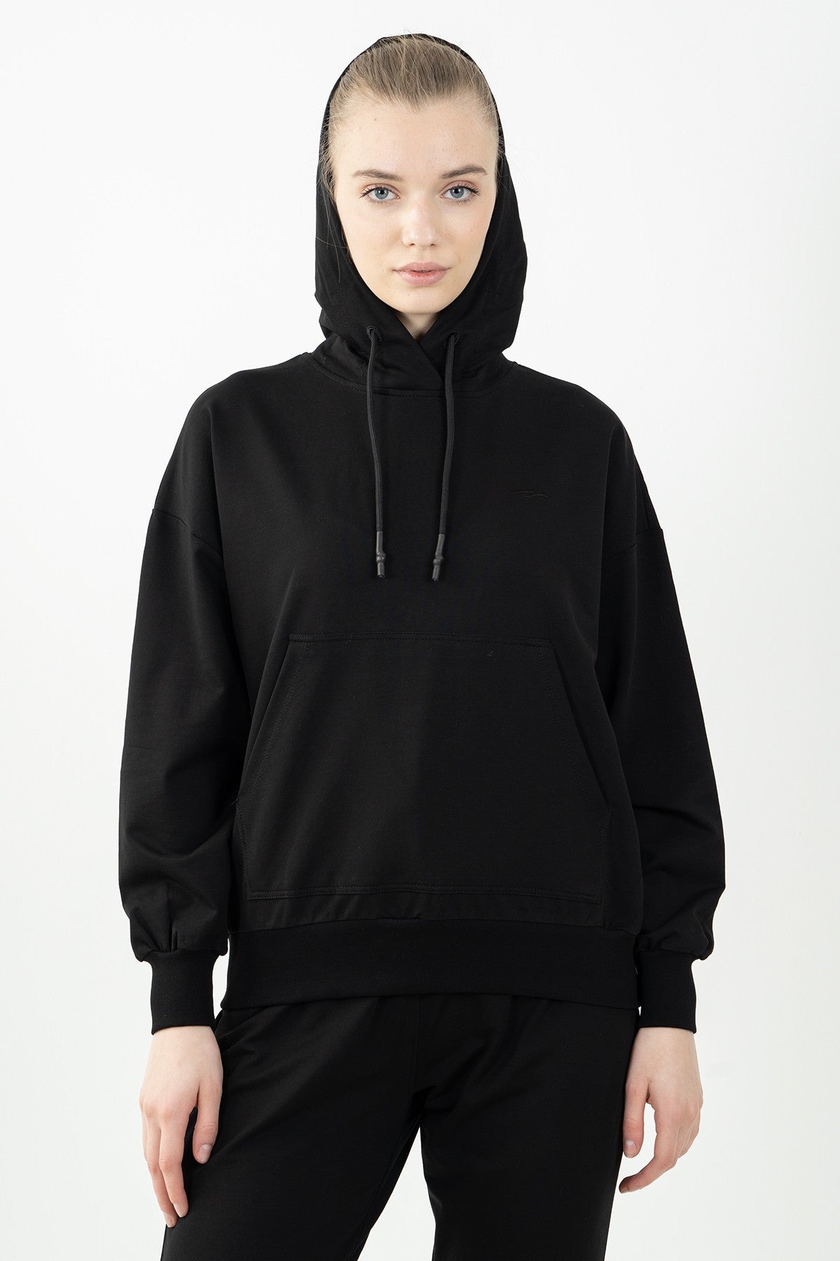 Oversize Kadın Kapüşonlu Siyah Sweatshirt