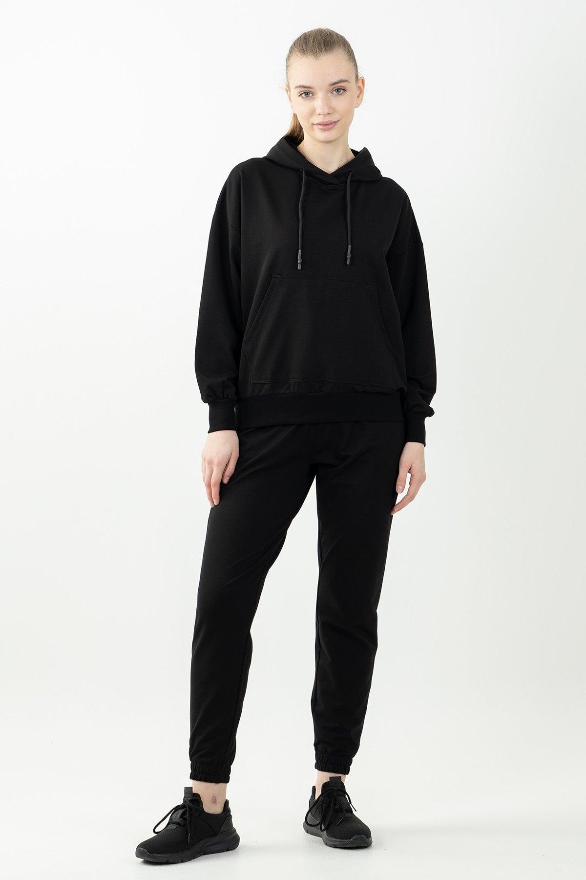 Oversize Kadın Kapüşonlu Siyah Sweatshirt