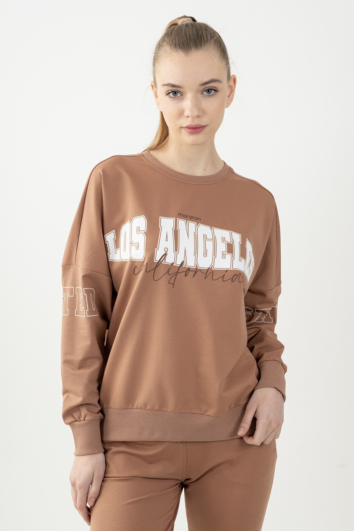 Oversize Kadın Bisiklet Yaka Bej Sweatshirt
