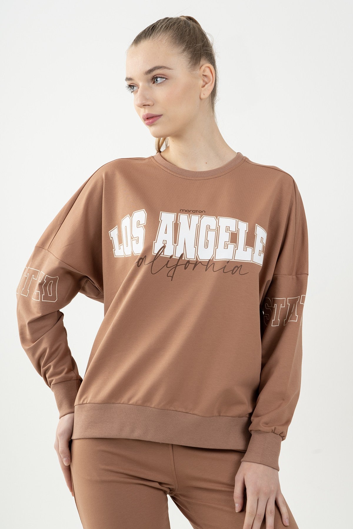 Oversize Kadın Bisiklet Yaka Bej Sweatshirt