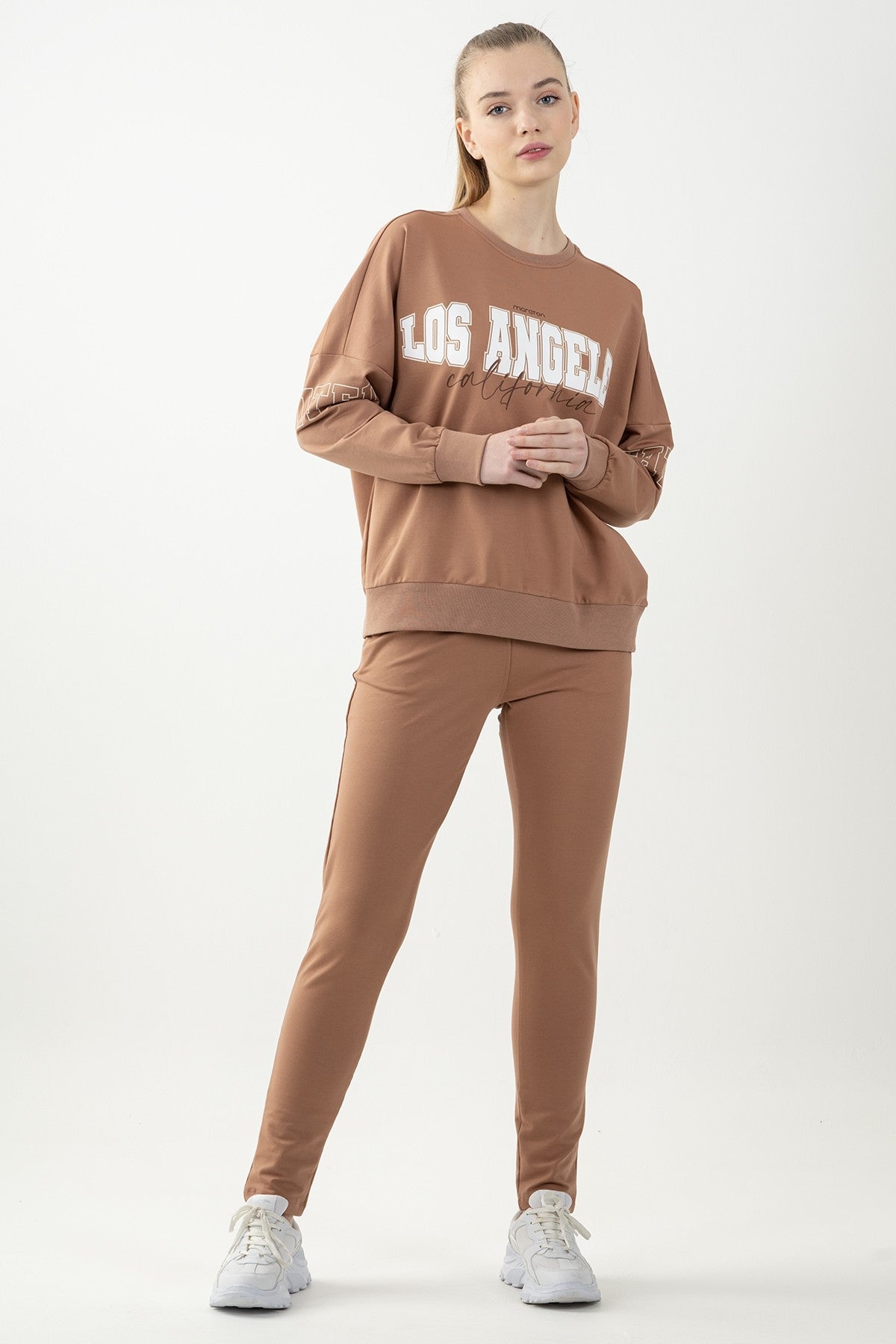 Oversize Kadın Bisiklet Yaka Bej Sweatshirt