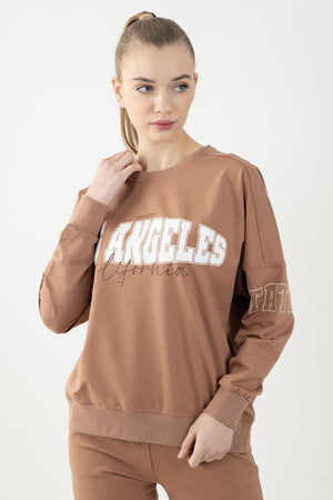Oversize Kadın Bisiklet Yaka Bej Sweatshirt