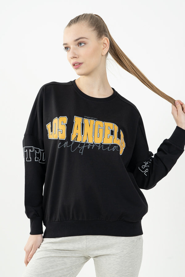 Oversize Kadın Bisiklet Yaka Siyah Sweatshirt