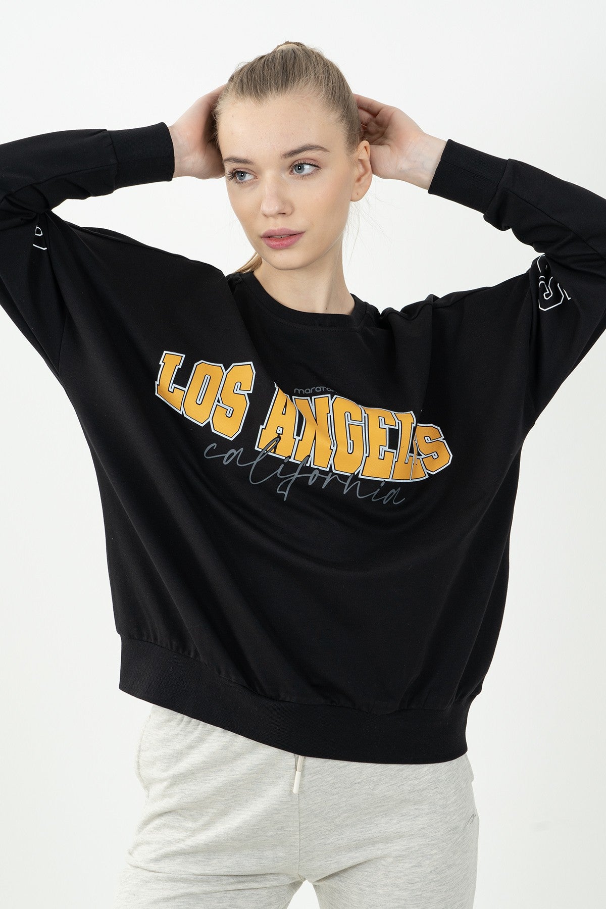 Oversize Kadın Bisiklet Yaka Siyah Sweatshirt