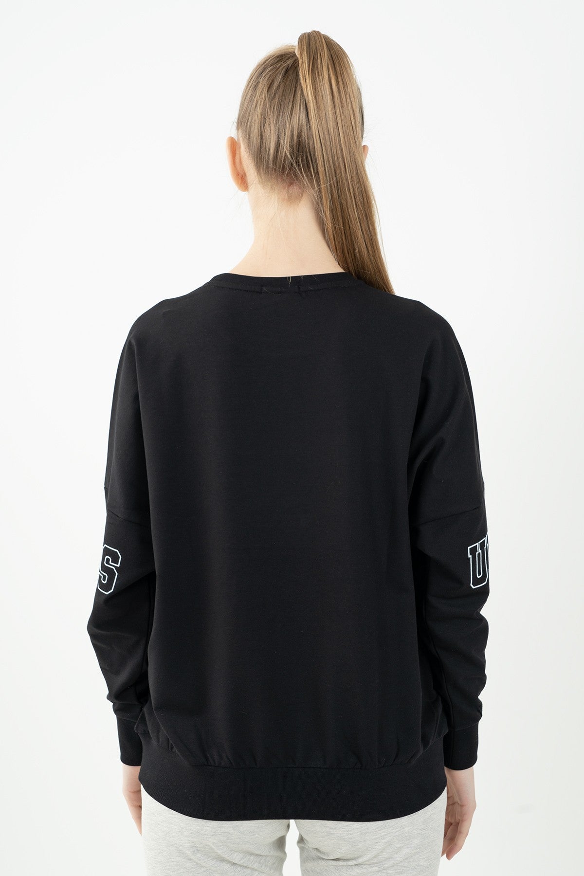 Oversize Kadın Bisiklet Yaka Siyah Sweatshirt