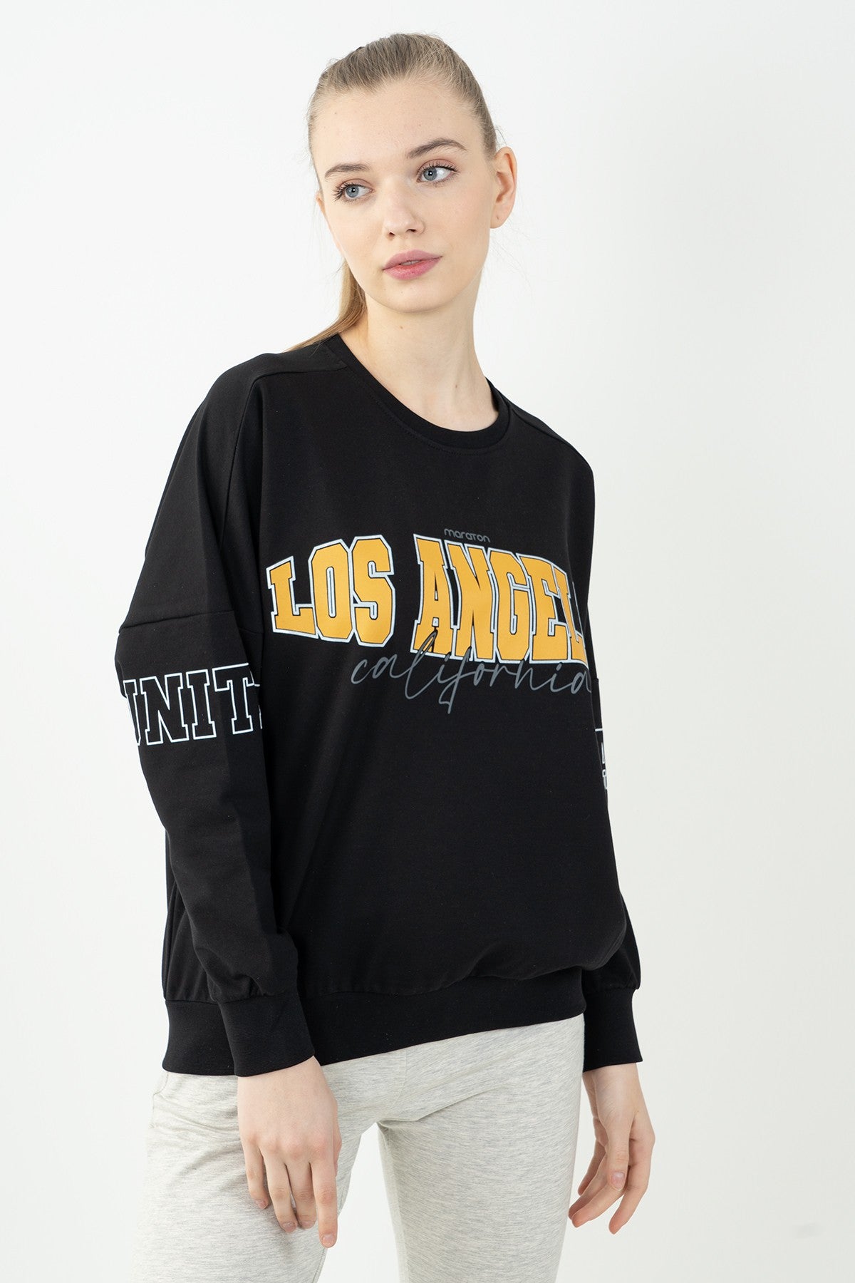 Oversize Kadın Bisiklet Yaka Siyah Sweatshirt