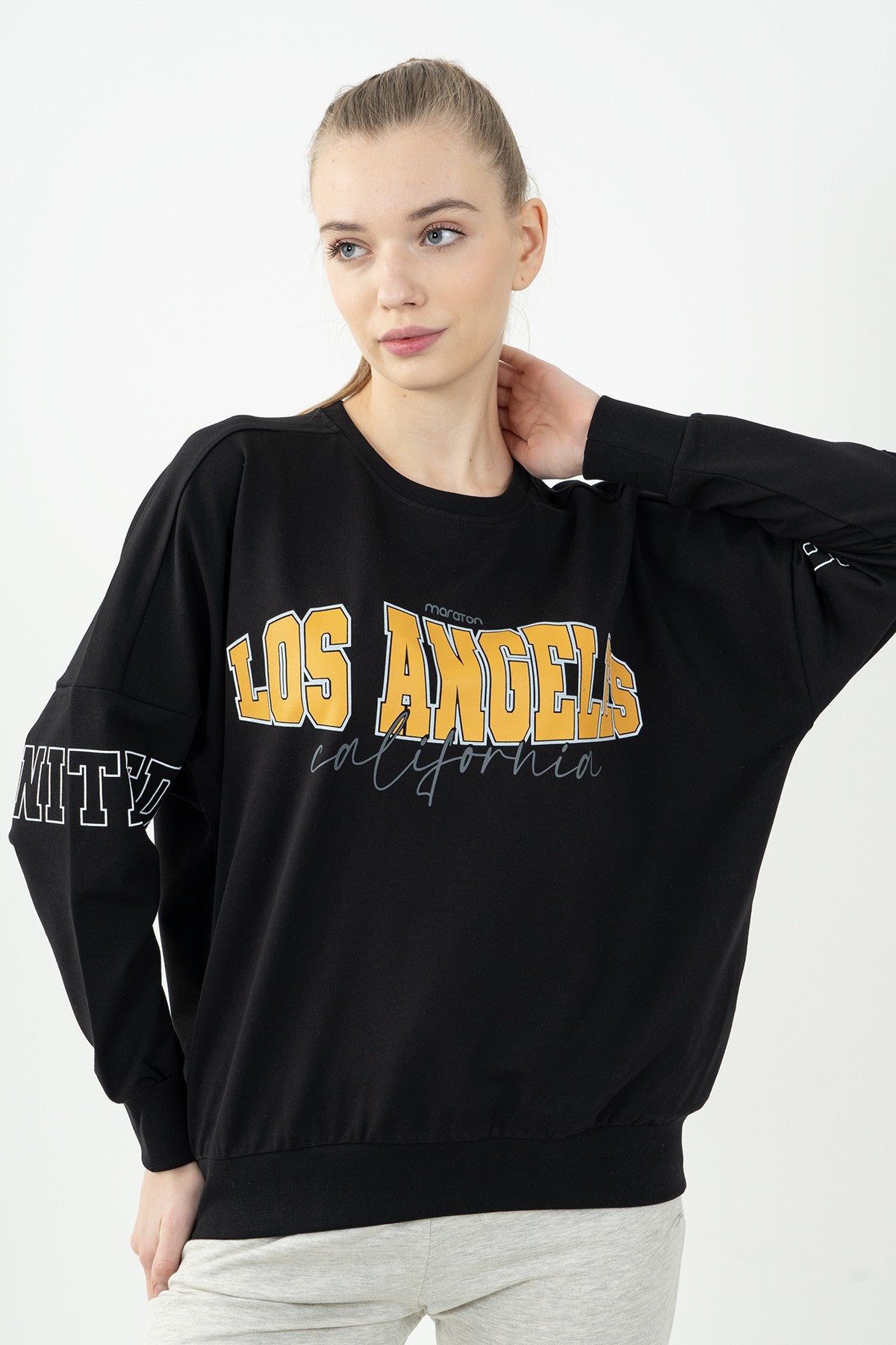 Oversize Kadın Bisiklet Yaka Siyah Sweatshirt