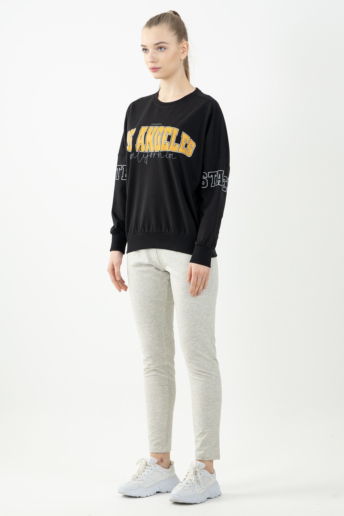 Oversize Kadın Bisiklet Yaka Siyah Sweatshirt