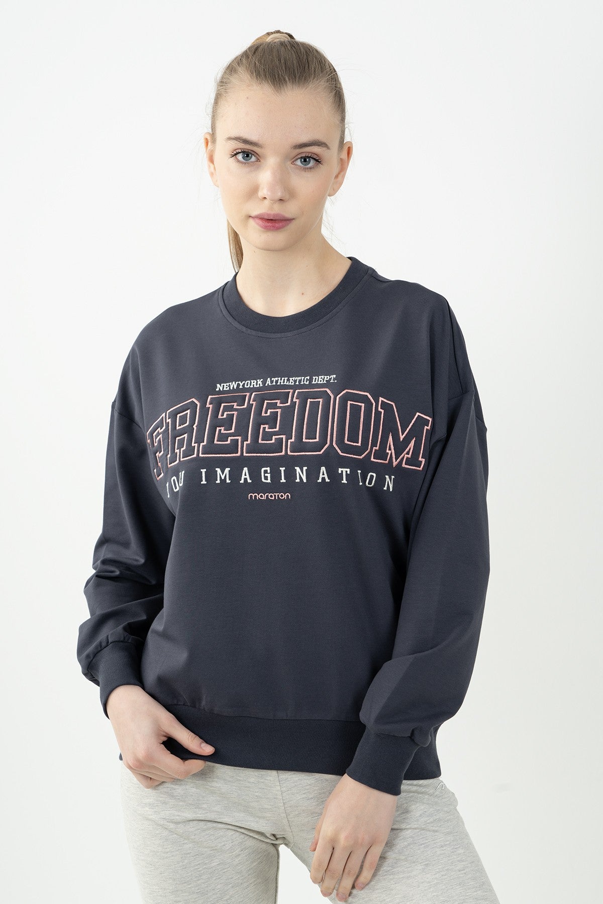 Oversize Kadın Bisiklet Yaka Antrasit Sweatshirt