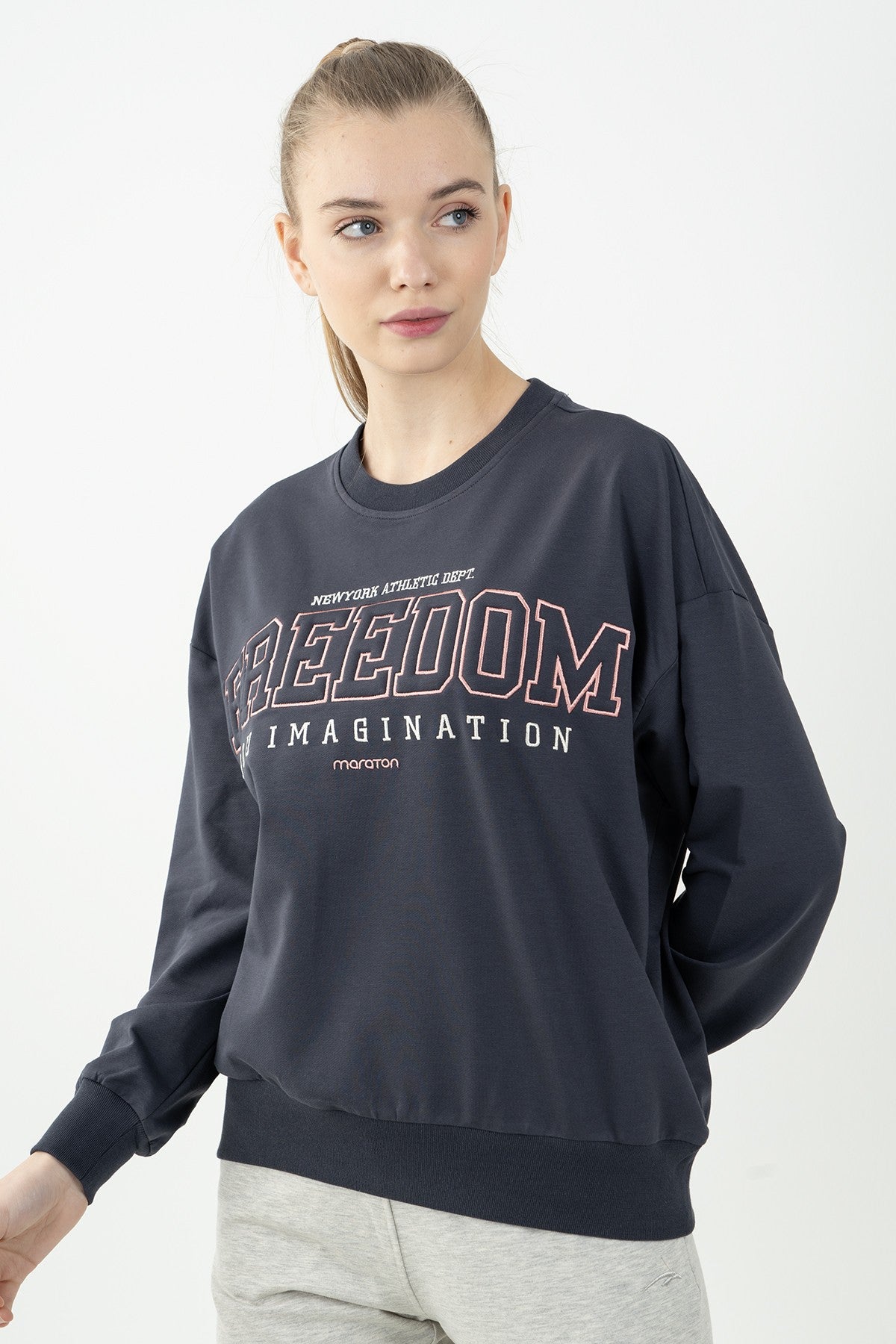 Oversize Kadın Bisiklet Yaka Antrasit Sweatshirt