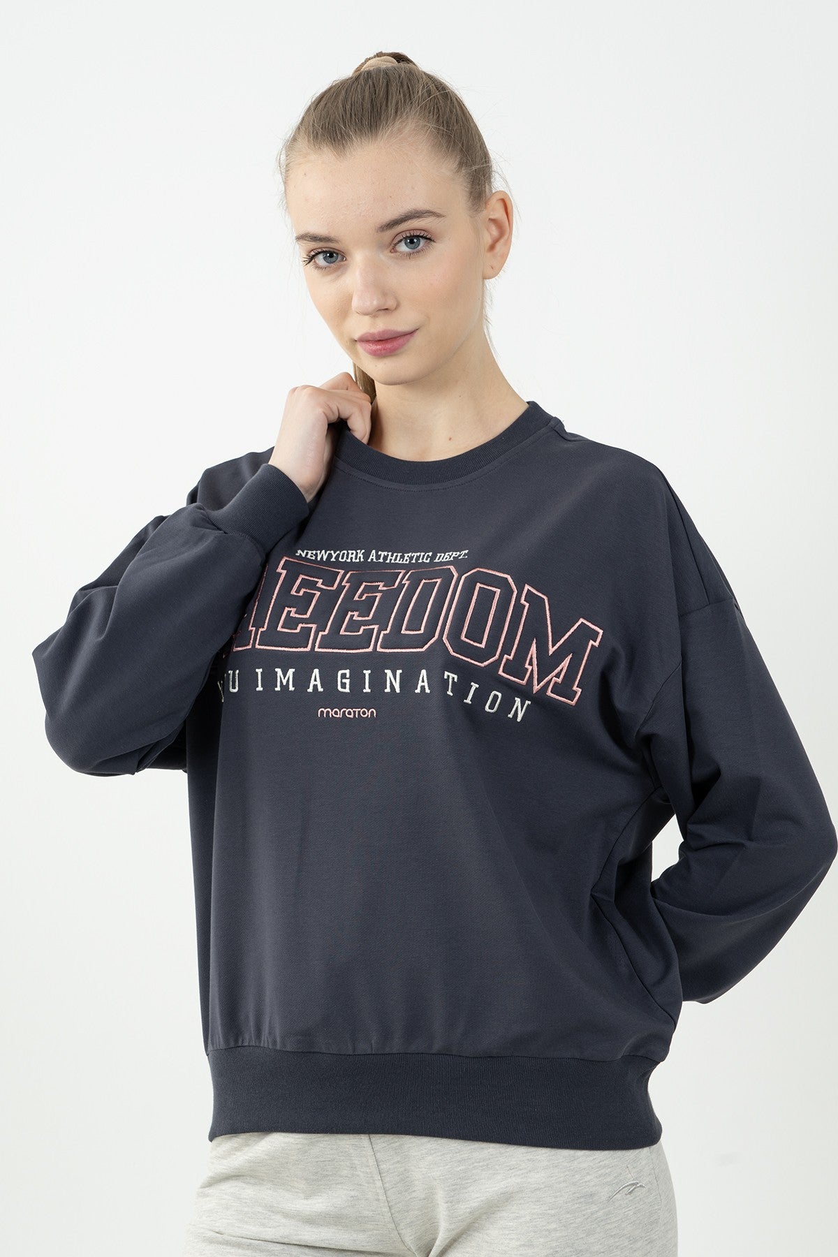 Oversize Kadın Bisiklet Yaka Antrasit Sweatshirt