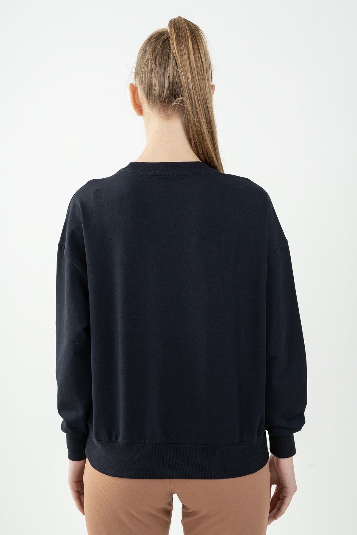 Oversize Kadın Bisiklet Yaka Lacivert Sweatshirt