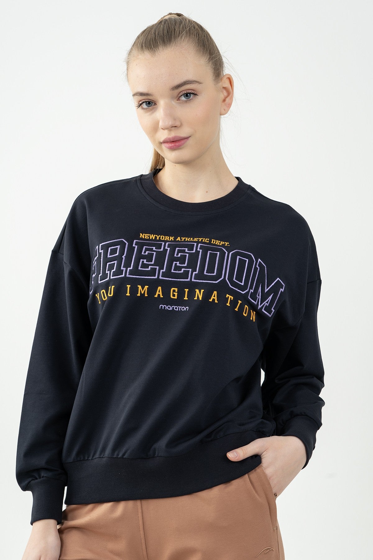 Oversize Kadın Bisiklet Yaka Lacivert Sweatshirt