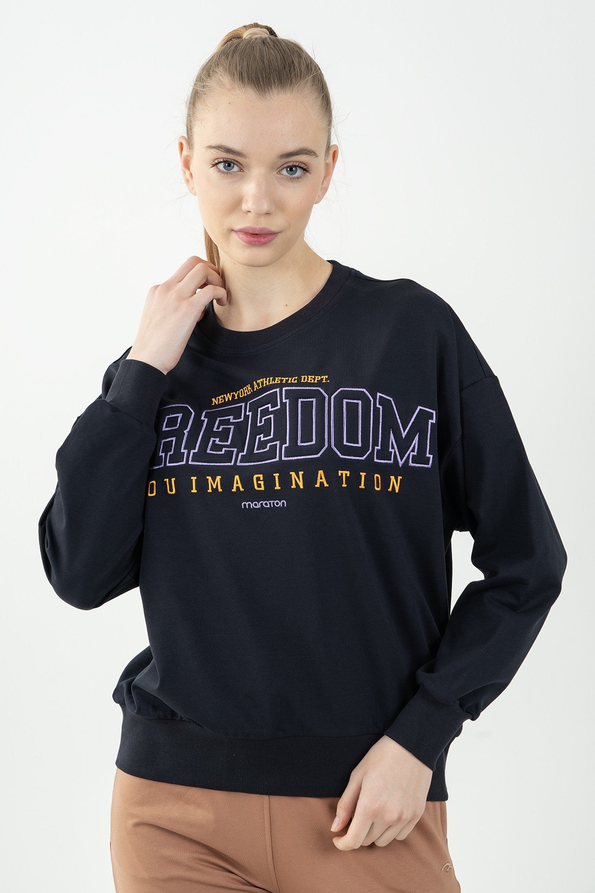 Oversize Kadın Bisiklet Yaka Lacivert Sweatshirt
