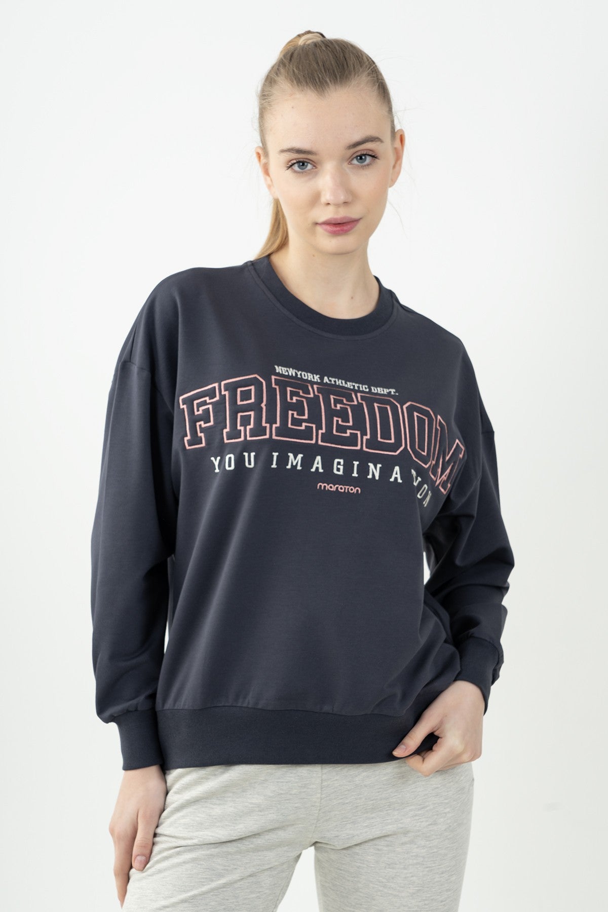 Oversize Kadın Bisiklet Yaka Antrasit Sweatshirt