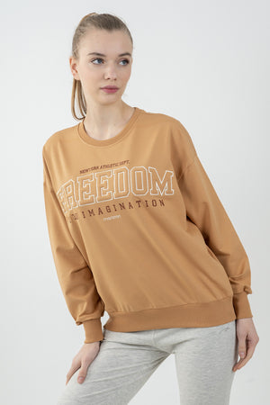 Oversize Kadın Bisiklet Yaka Koyu Bej Sweatshirt