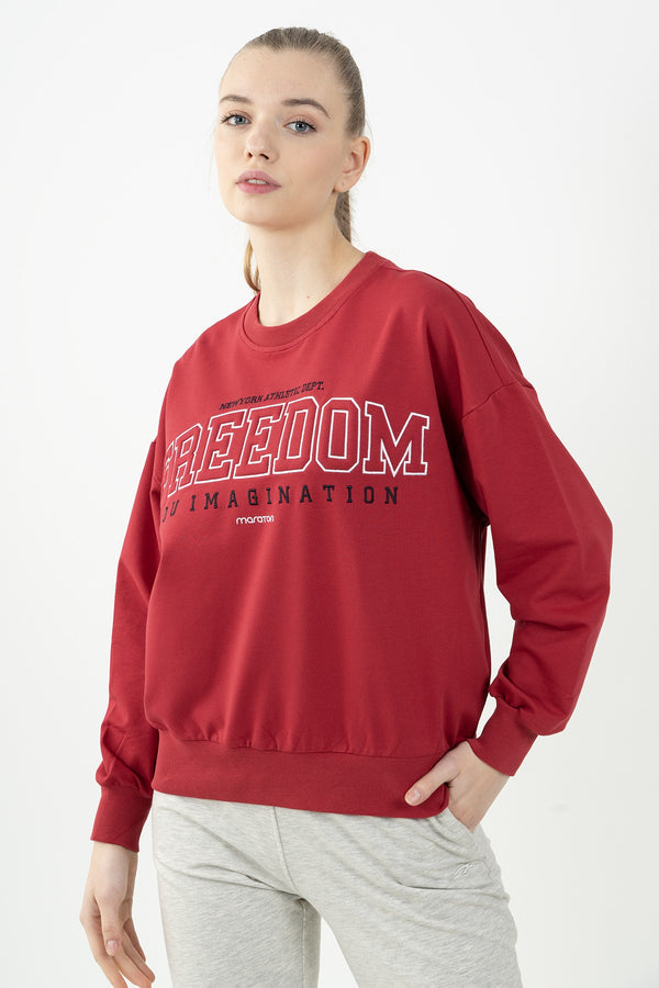 Oversize Kadın Bisiklet Yaka Kırmızı Sweatshirt