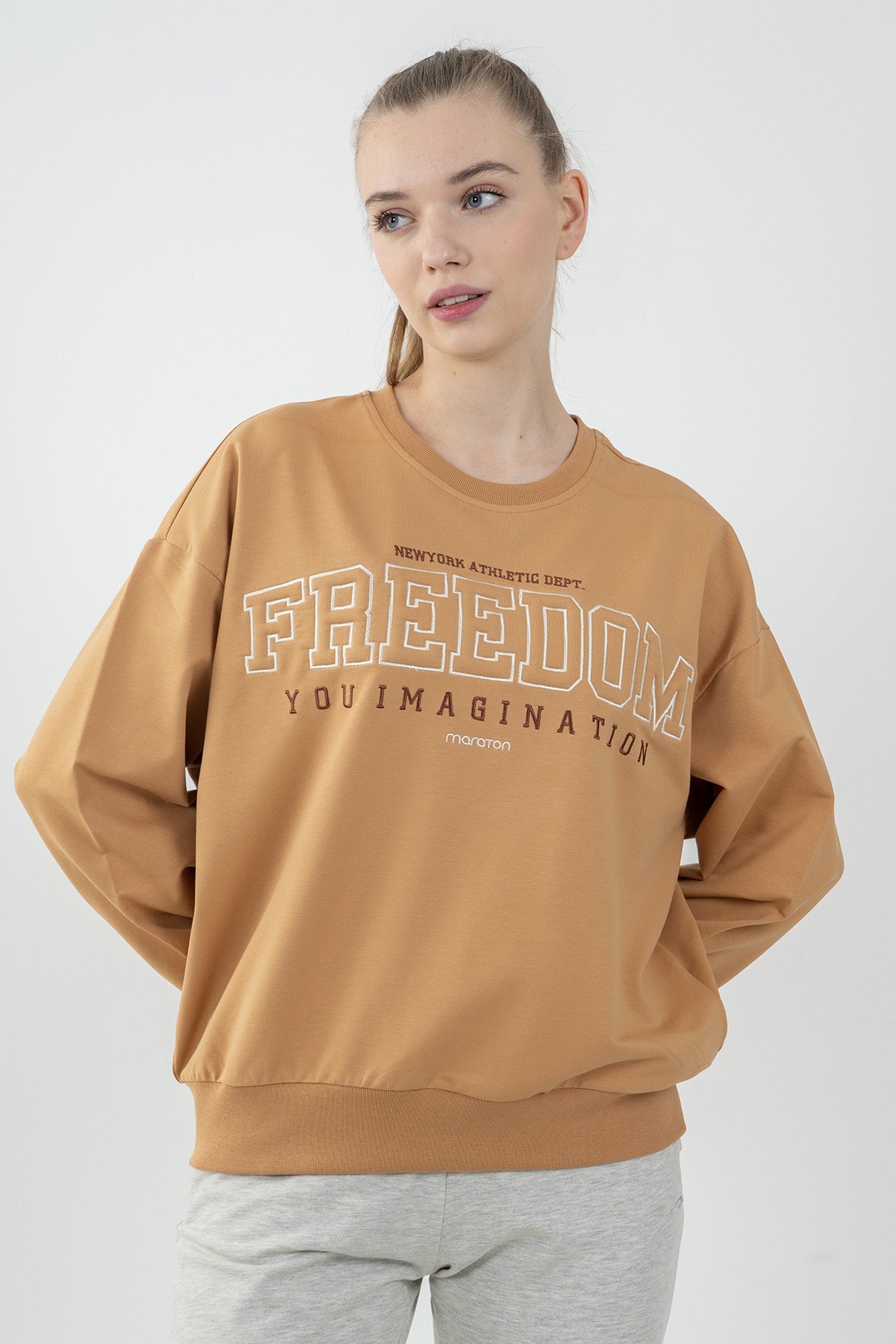 Oversize Kadın Bisiklet Yaka Koyu Bej Sweatshirt