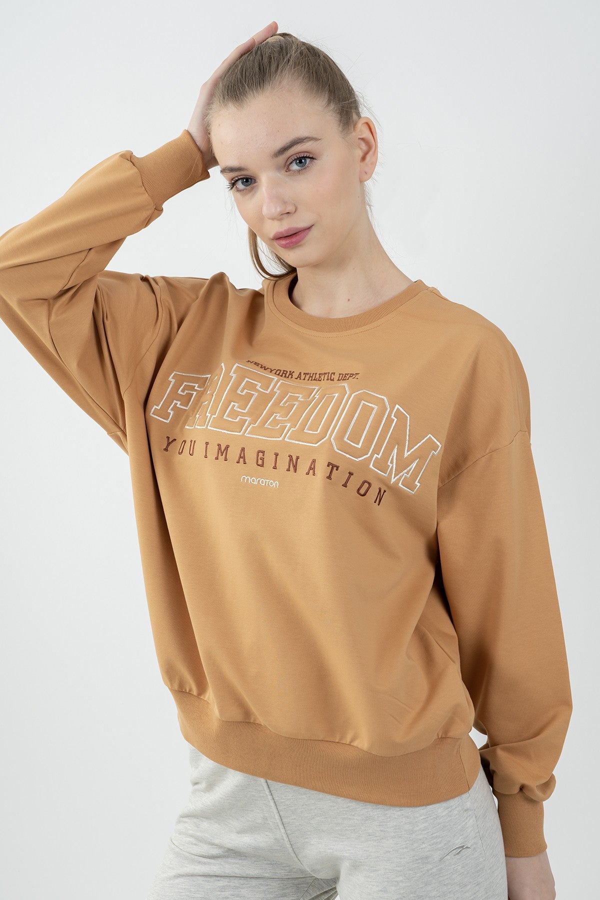 Oversize Kadın Bisiklet Yaka Koyu Bej Sweatshirt