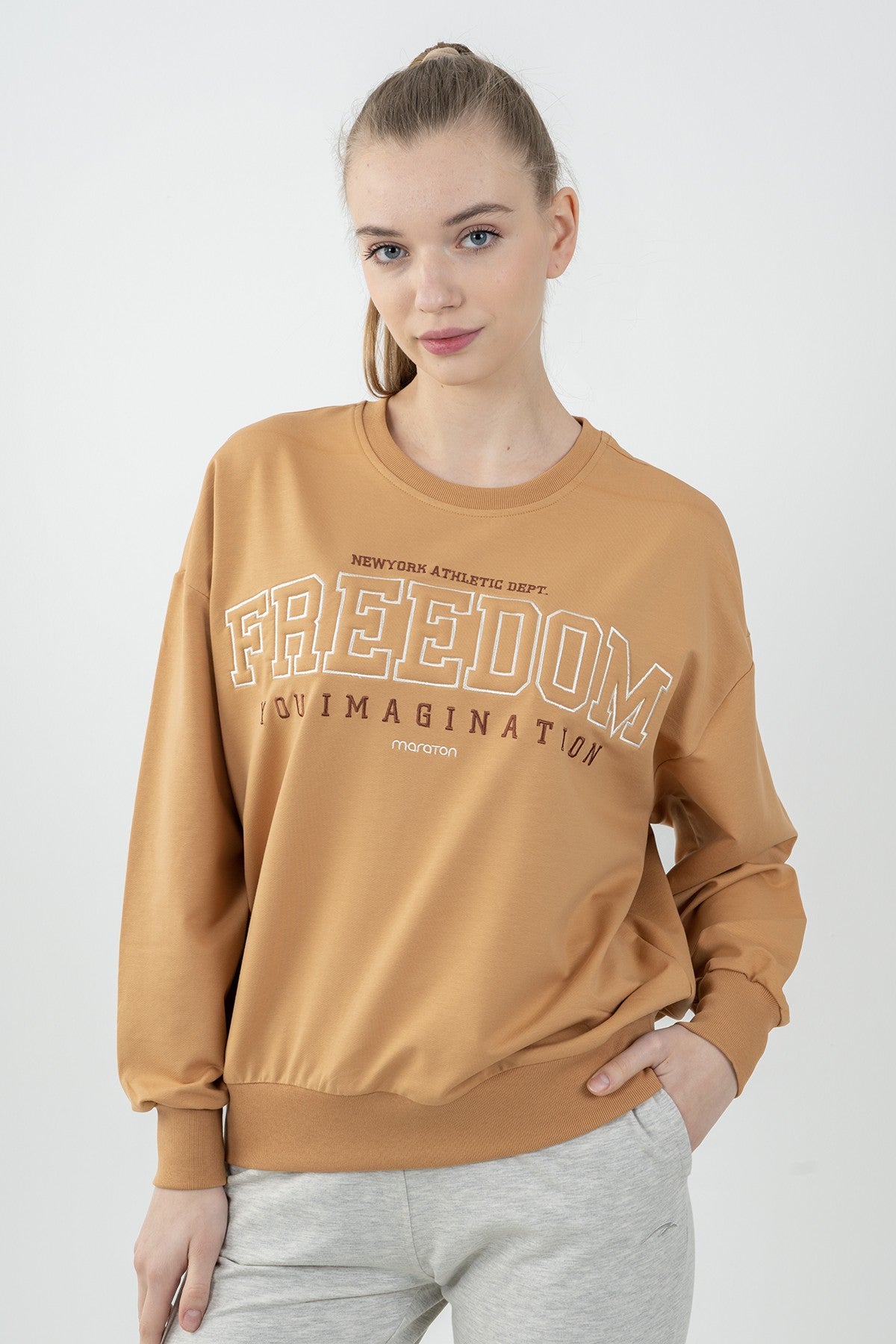 Oversize Kadın Bisiklet Yaka Koyu Bej Sweatshirt