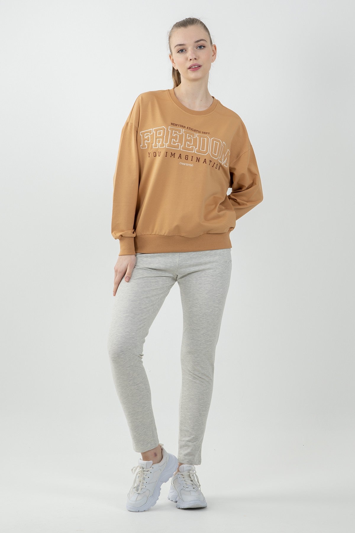 Oversize Kadın Bisiklet Yaka Koyu Bej Sweatshirt