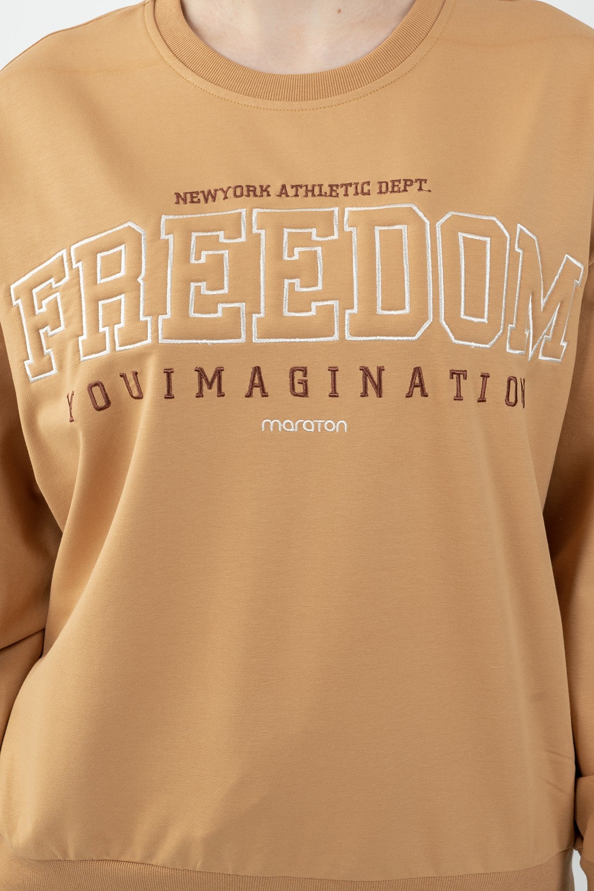 Oversize Kadın Bisiklet Yaka Koyu Bej Sweatshirt