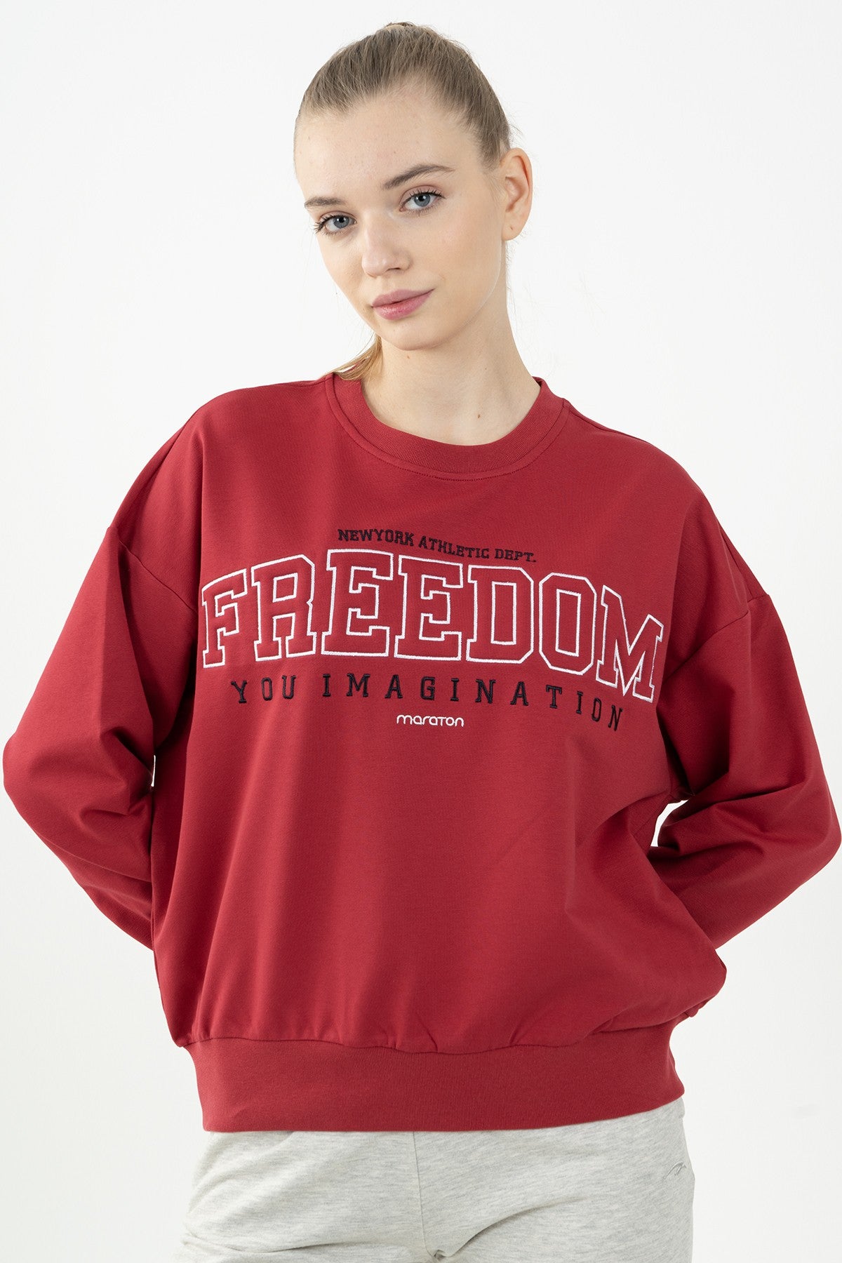 Oversize Kadın Bisiklet Yaka Kırmızı Sweatshirt
