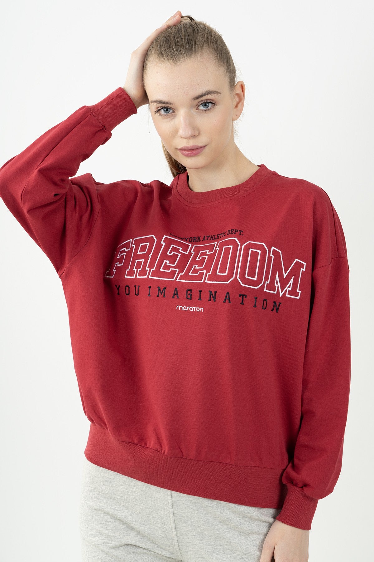 Oversize Kadın Bisiklet Yaka Kırmızı Sweatshirt