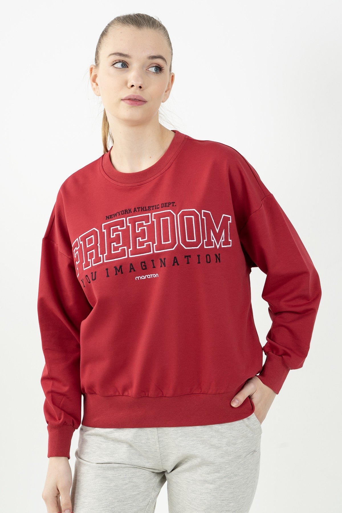 Oversize Kadın Bisiklet Yaka Kırmızı Sweatshirt