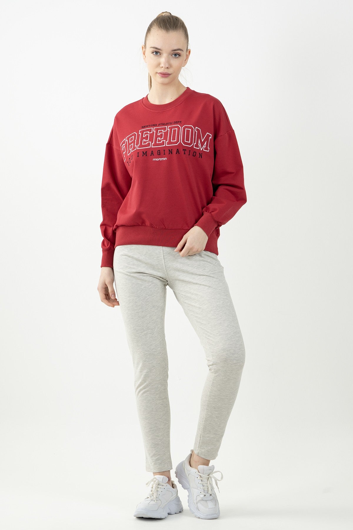 Oversize Kadın Bisiklet Yaka Kırmızı Sweatshirt