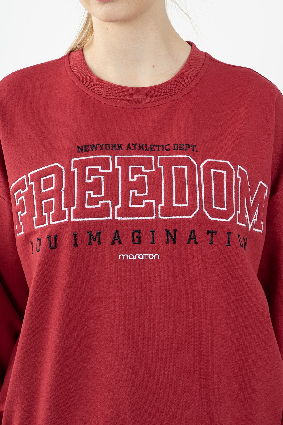 Oversize Kadın Bisiklet Yaka Kırmızı Sweatshirt