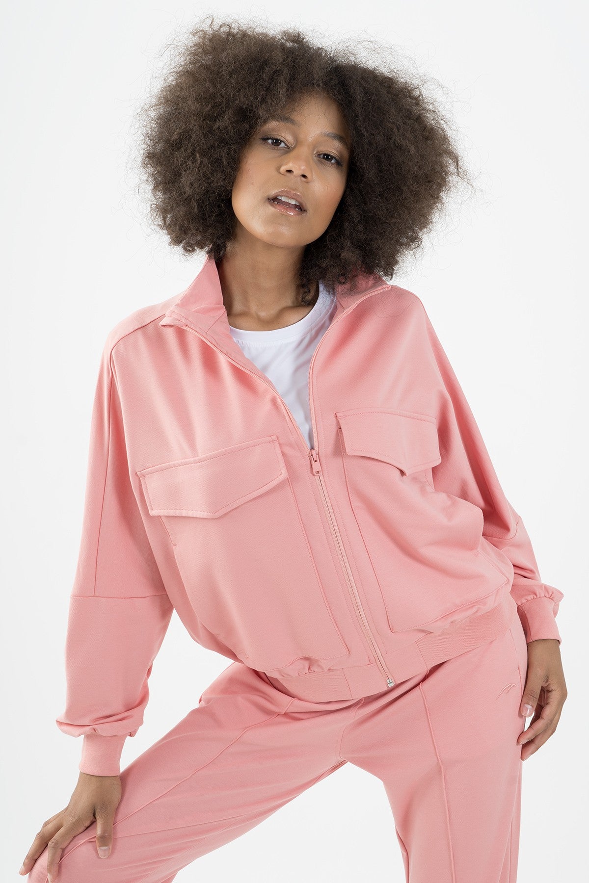Oversize Kadın Dik Yaka Pembe Tracktop