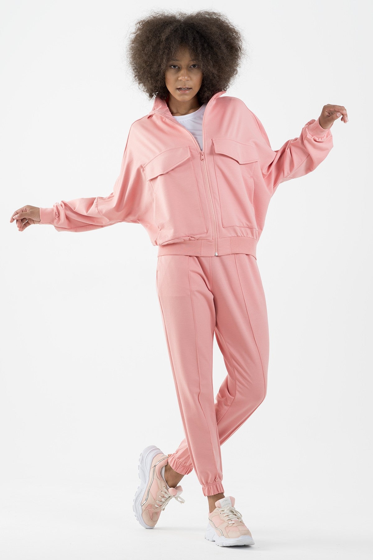 Oversize Kadın Dik Yaka Pembe Tracktop