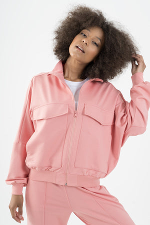 Oversize Kadın Dik Yaka Pembe Tracktop