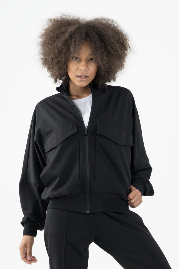 Oversize Kadın Dik Yaka Siyah Tracktop