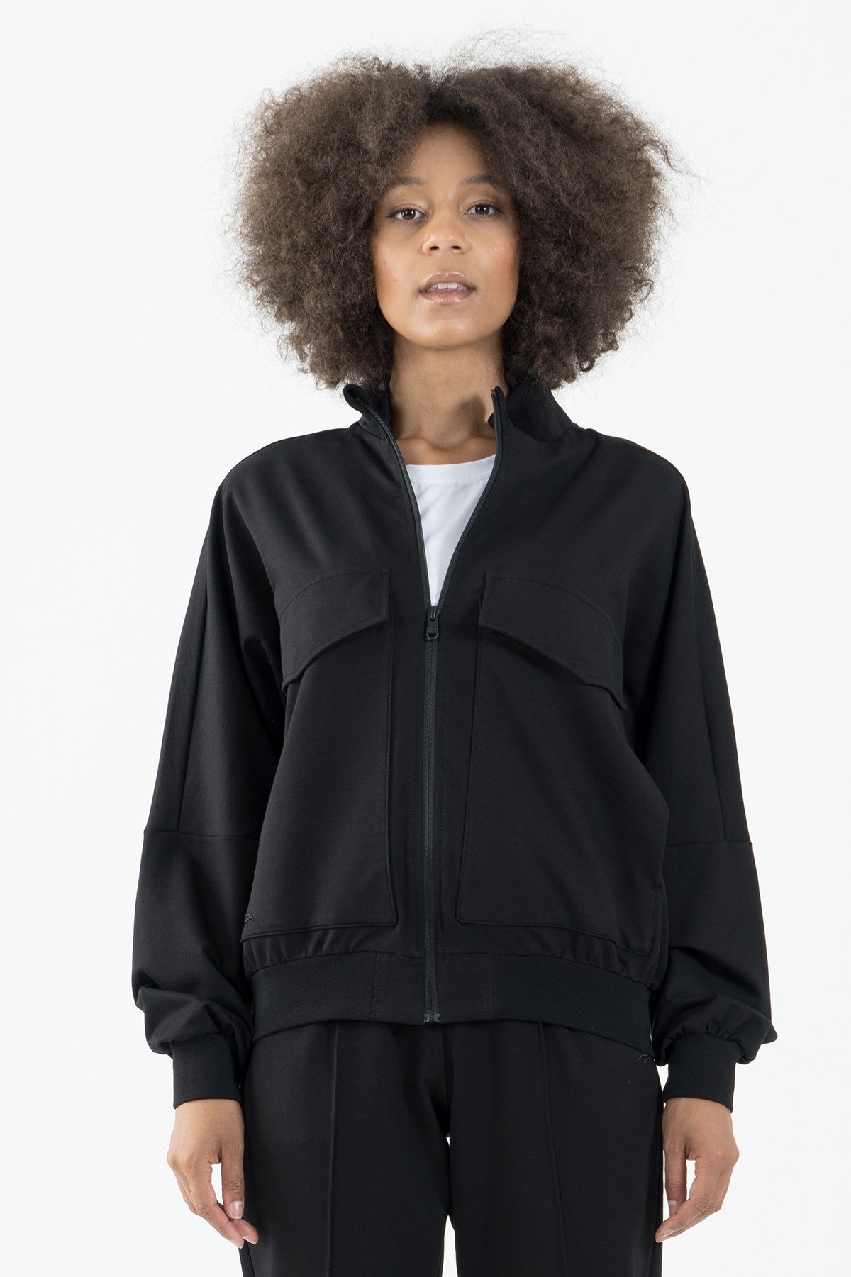 Oversize Kadın Dik Yaka Siyah Tracktop