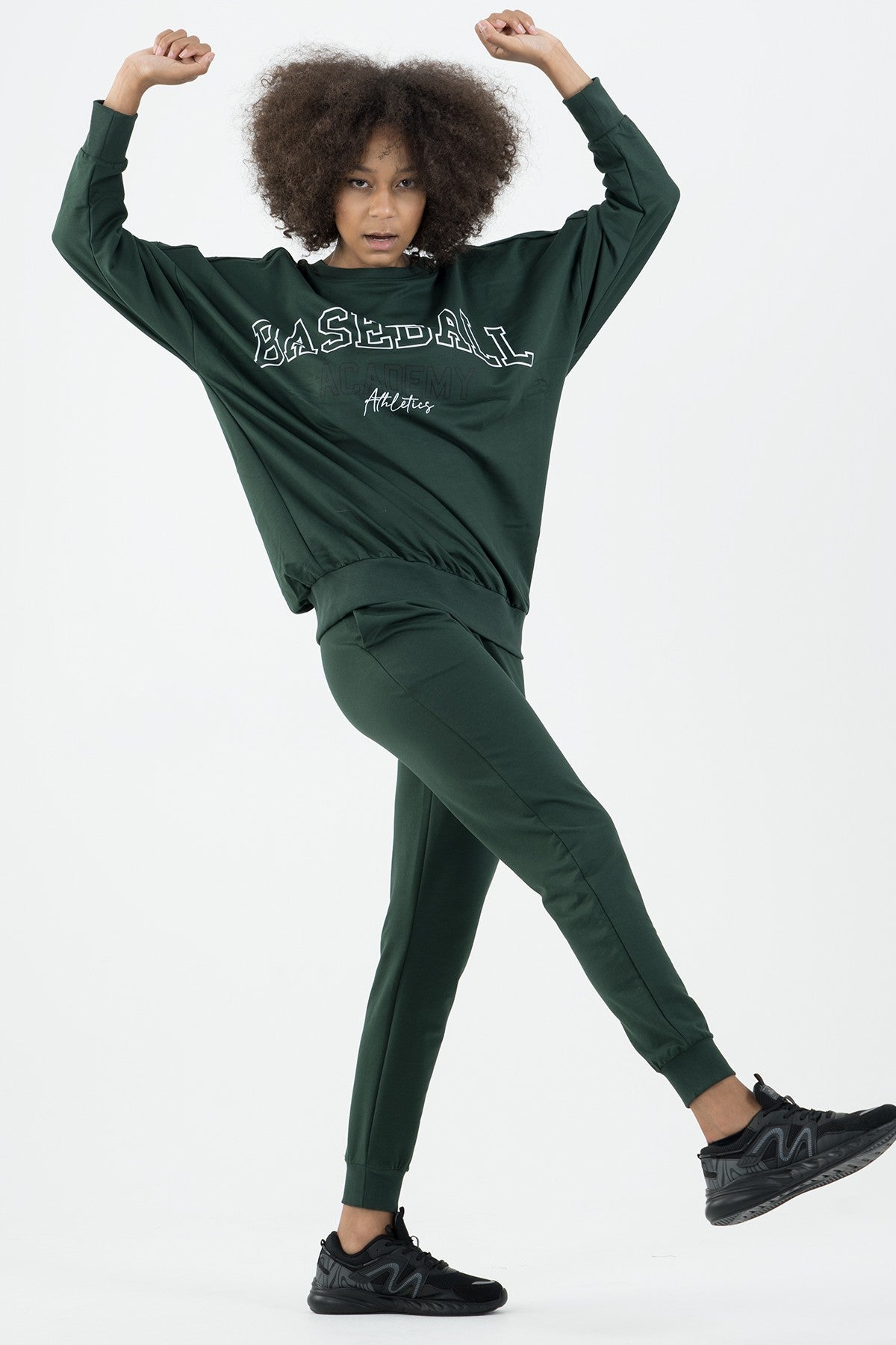 Oversize Kadın Bisiklet Yaka Yeşil Sweatshirt