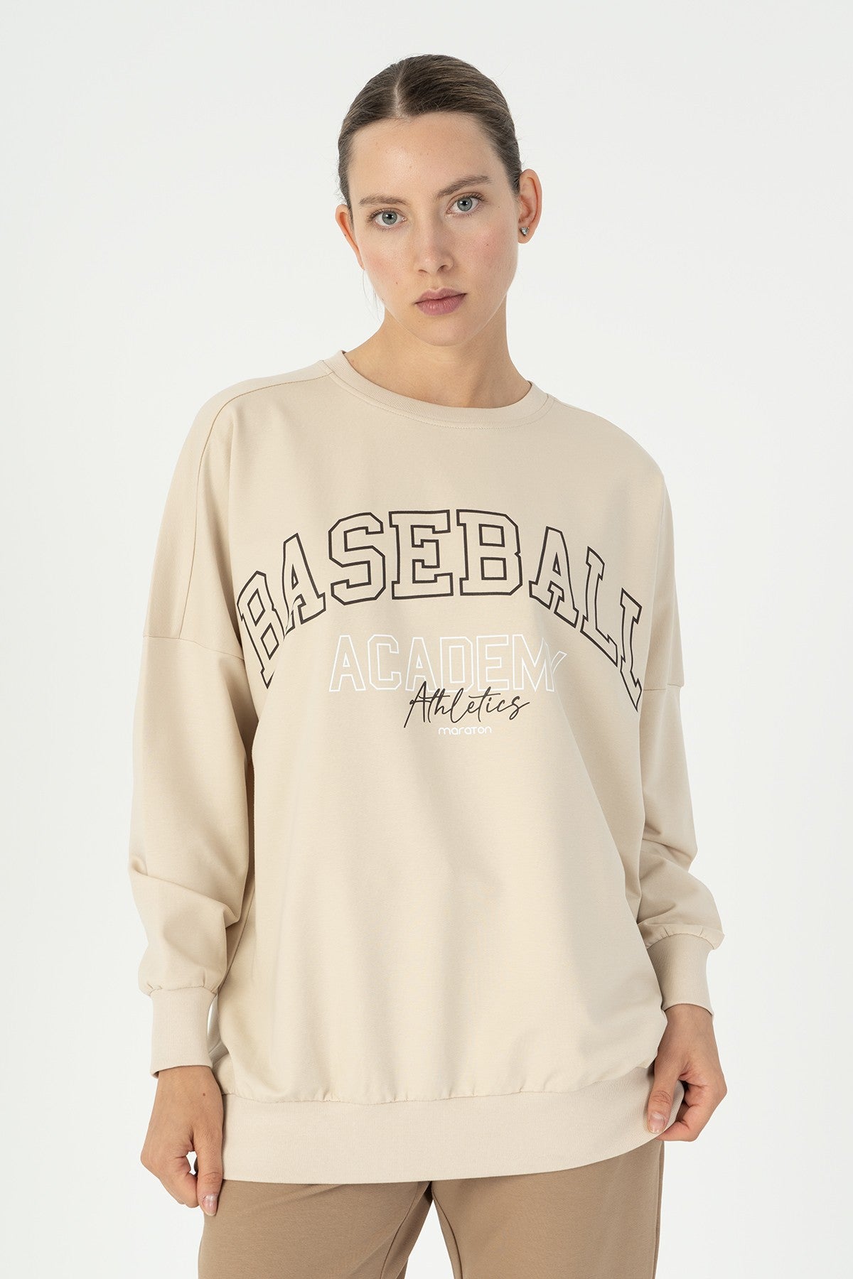Oversize Kadın Bisiklet Yaka Bej Sweatshirt