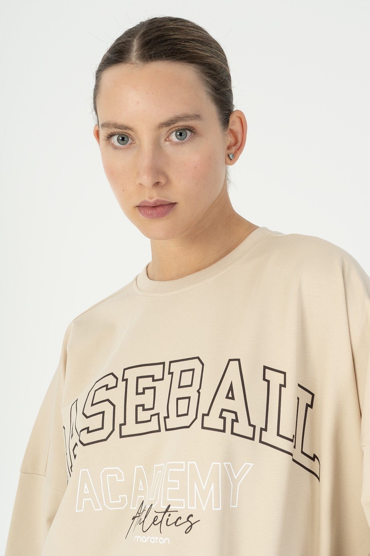 Oversize Kadın Bisiklet Yaka Bej Sweatshirt