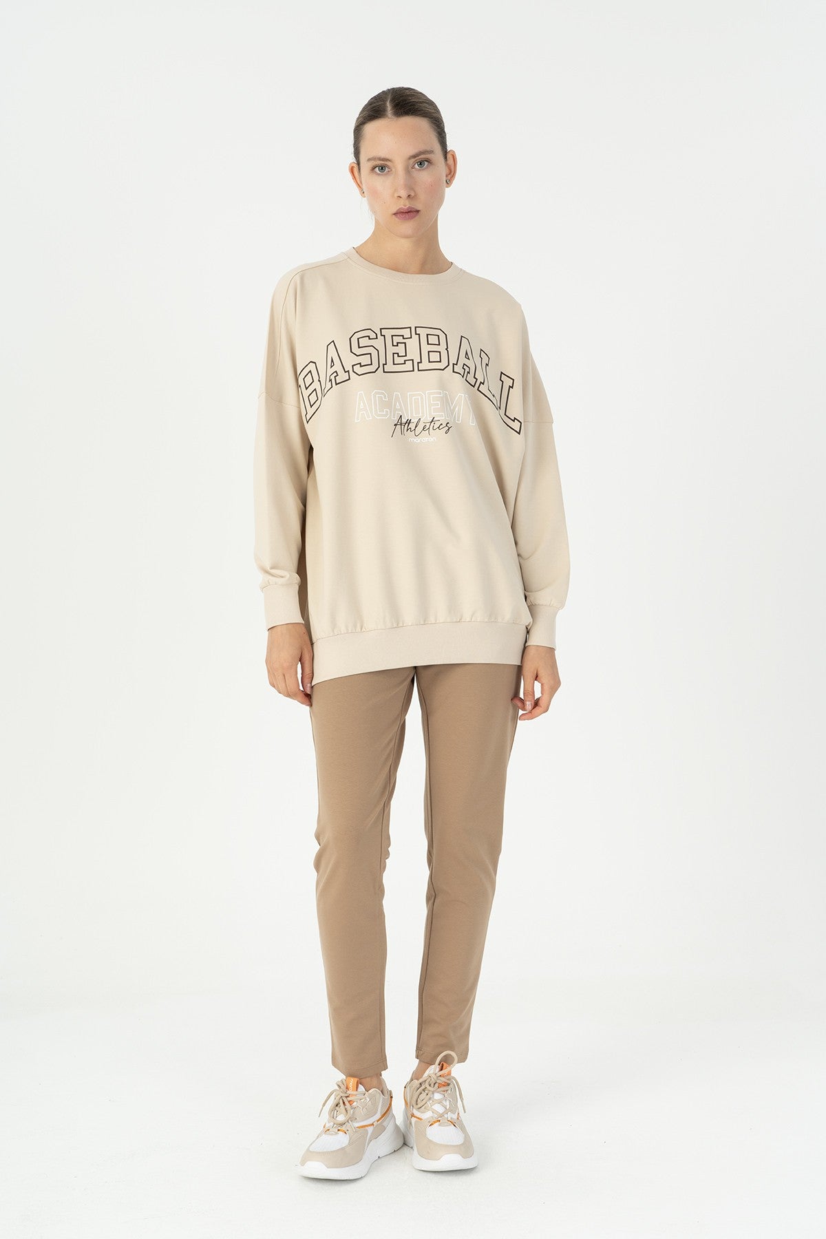 Oversize Kadın Bisiklet Yaka Bej Sweatshirt