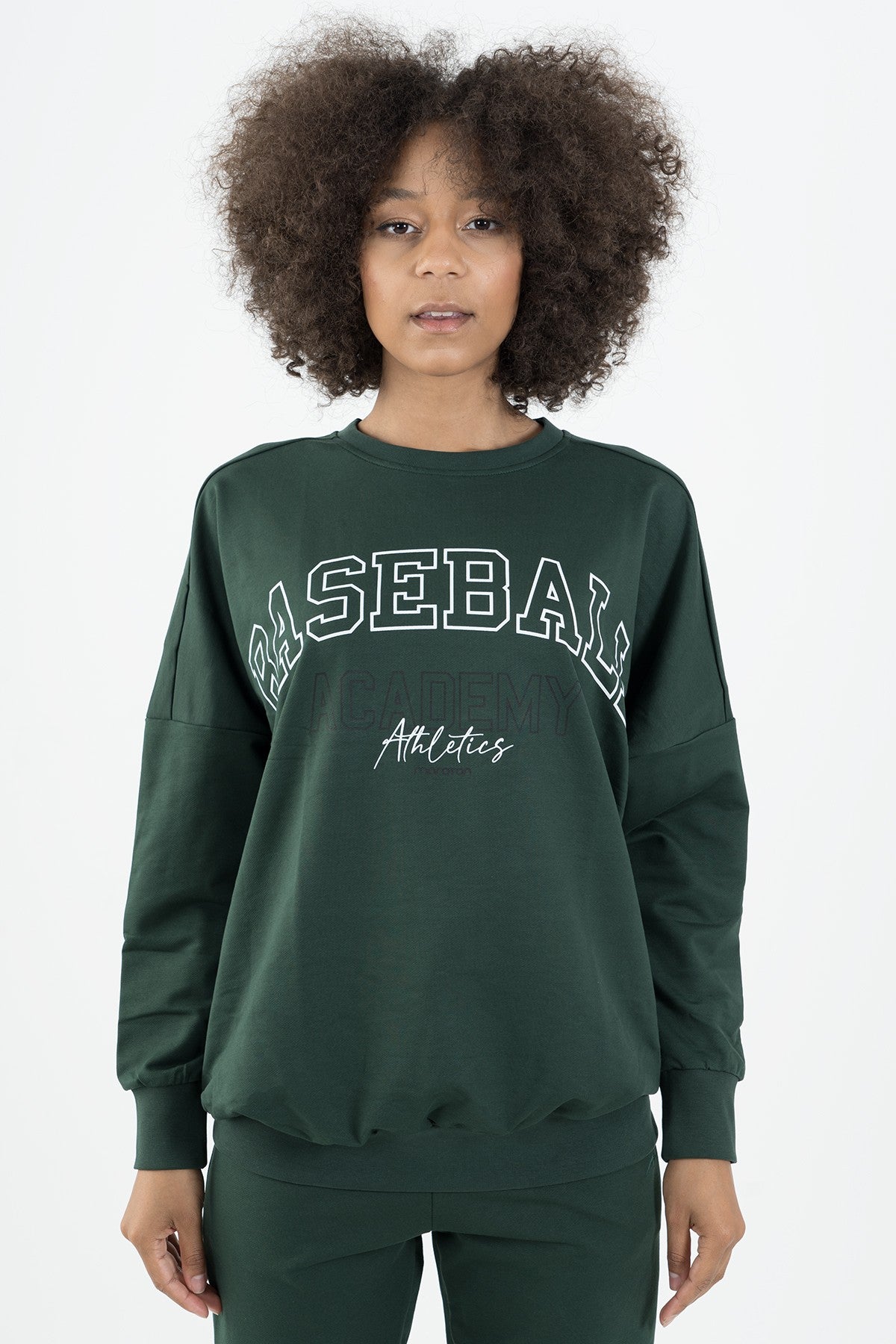 Oversize Kadın Bisiklet Yaka Yeşil Sweatshirt
