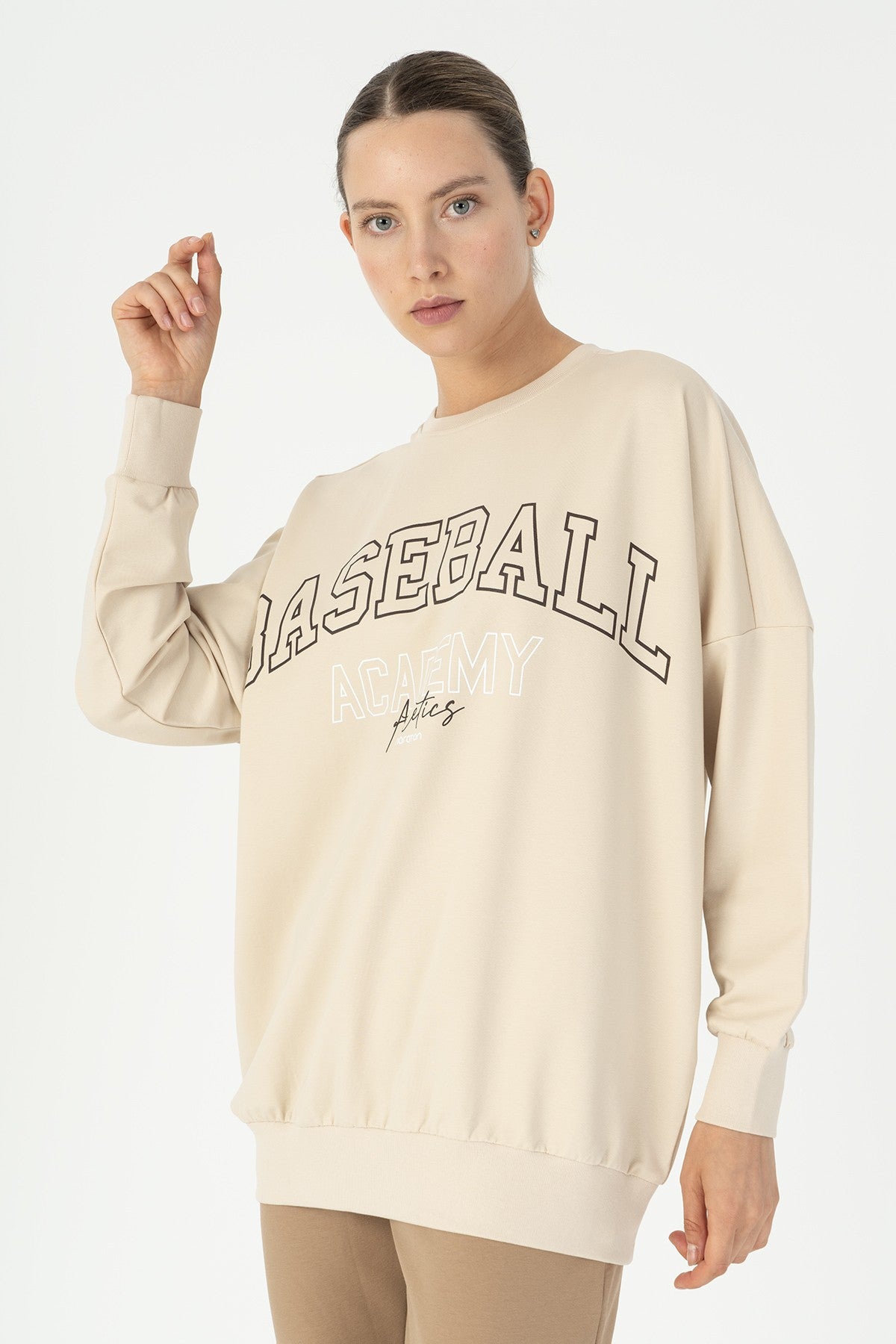 Oversize Kadın Bisiklet Yaka Bej Sweatshirt