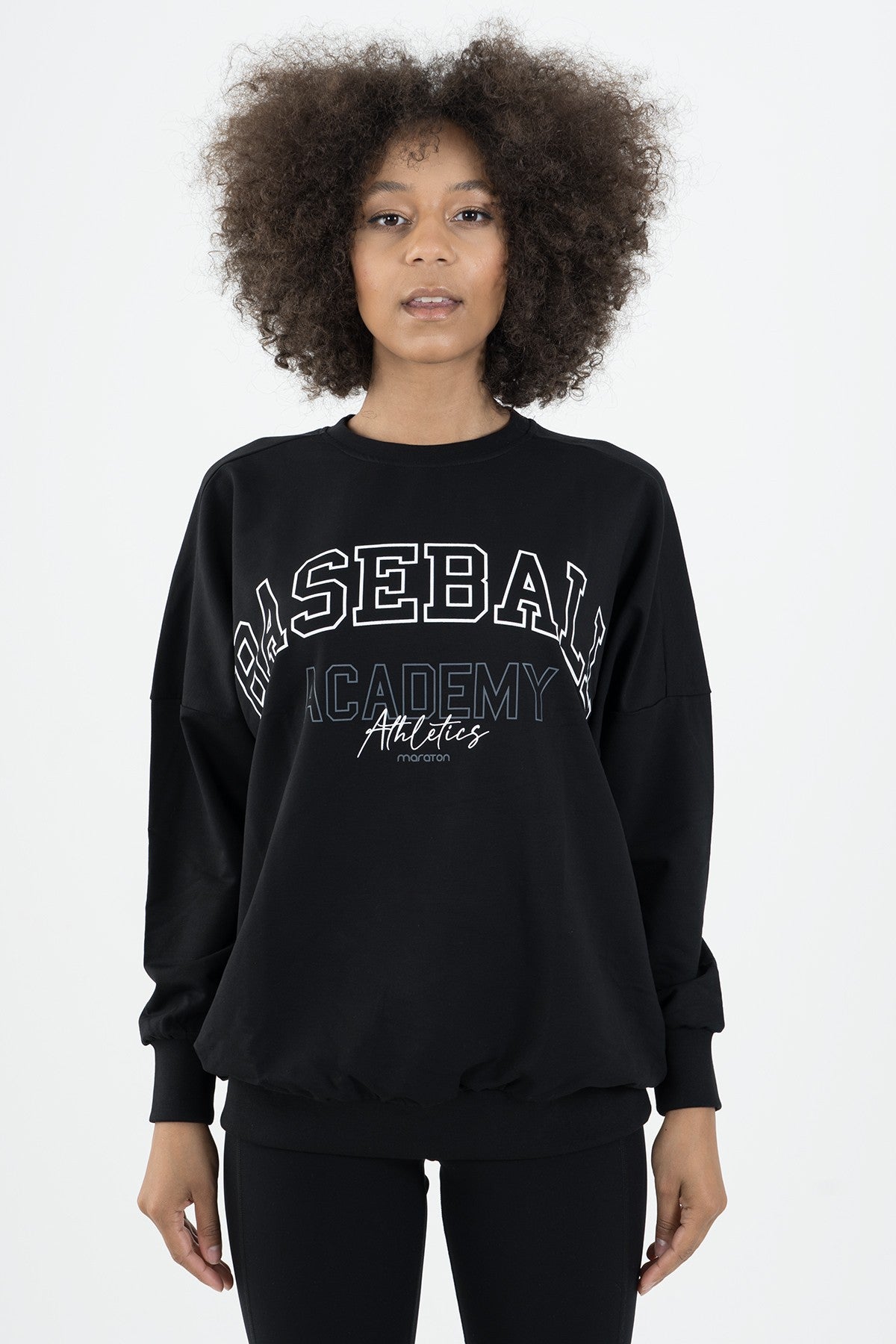 Oversize Kadın Bisiklet Yaka Siyah Sweatshirt