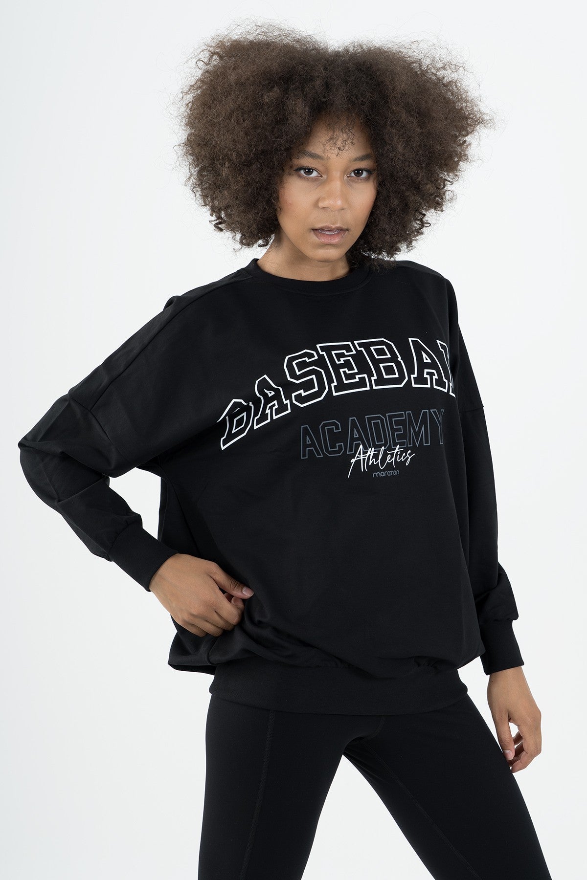 Oversize Kadın Bisiklet Yaka Siyah Sweatshirt