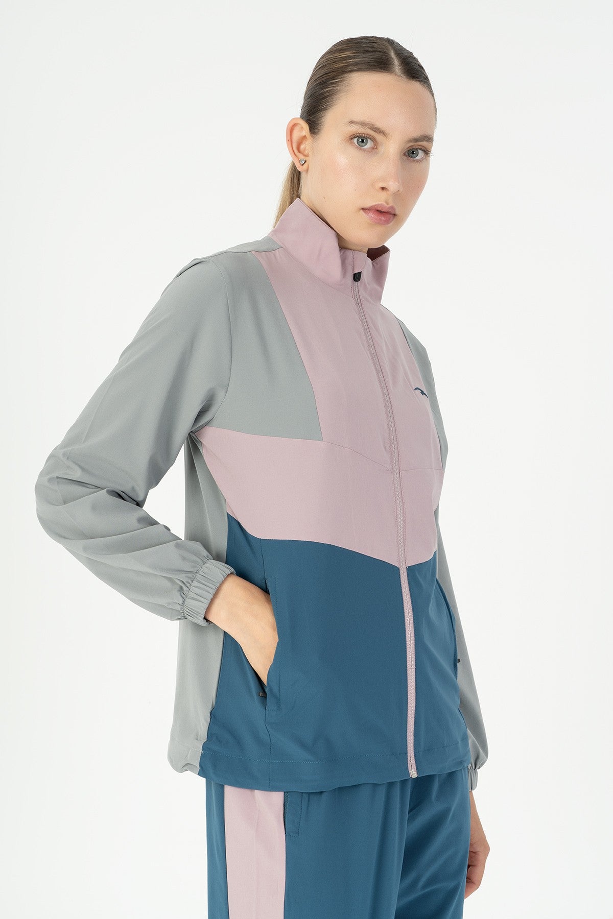 Regular Kadın Dik Yaka Gri Tracktop