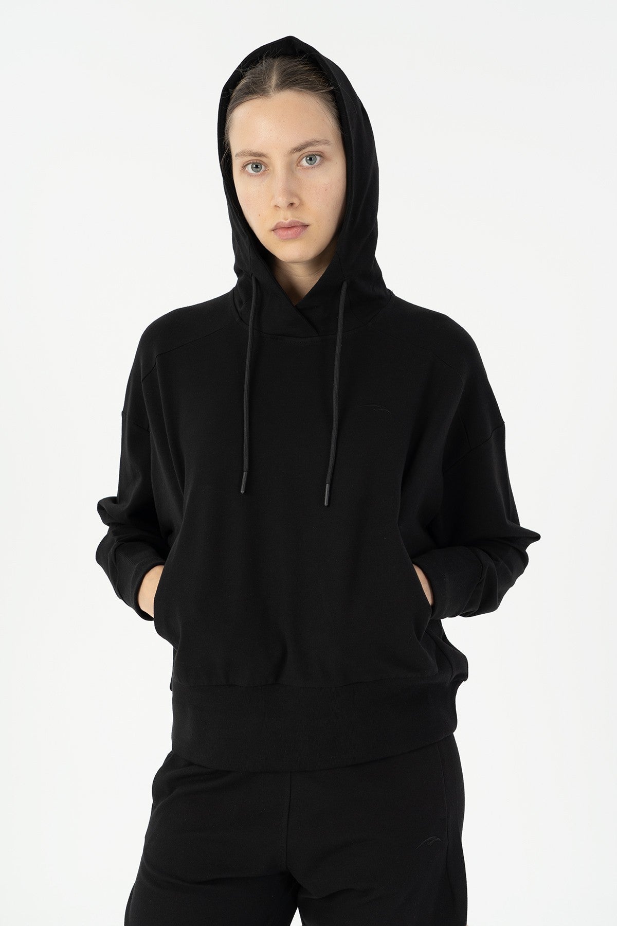 Oversize Kadın Kapüşonlu Siyah Sweatshirt
